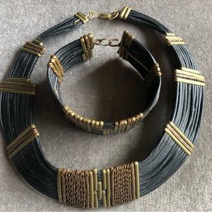 RARE vintage 80’s leather & metal Egyptian revival collar necklace & cuff set